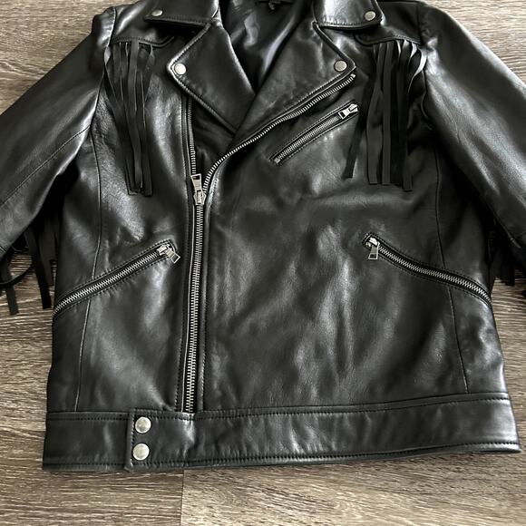 ASOS Black Leather Fringe Moto Jacket Small Real Leather Western Biker Statement - Picture 15 of 16